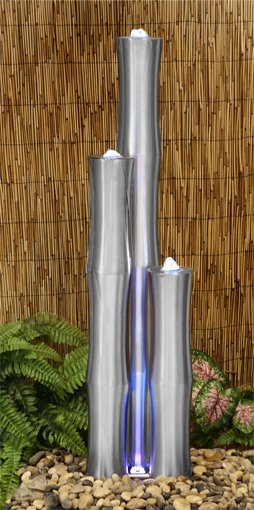 Fontana in acciaio inox opaco a tre tubi a forma di bamboo 95cm/75cm con luci (completa tubi + base)